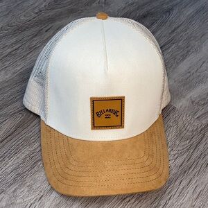 Billabong White Mesh Trucker Hat with Tan Suede Brim Patch